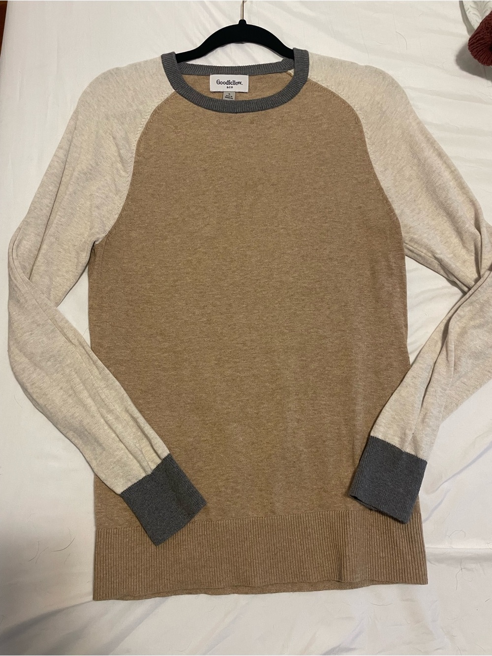 Goodfellow & Co Tan and Cream Raglan Crew with Charcoal Trim